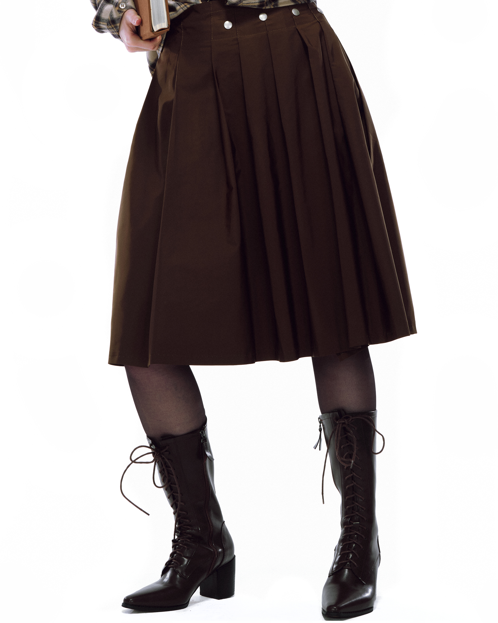 Button Pleated Skirt (Brown)